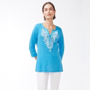 NWT Chico’s Soft Linen Embroidered Tunic in Poolside Blue Size M